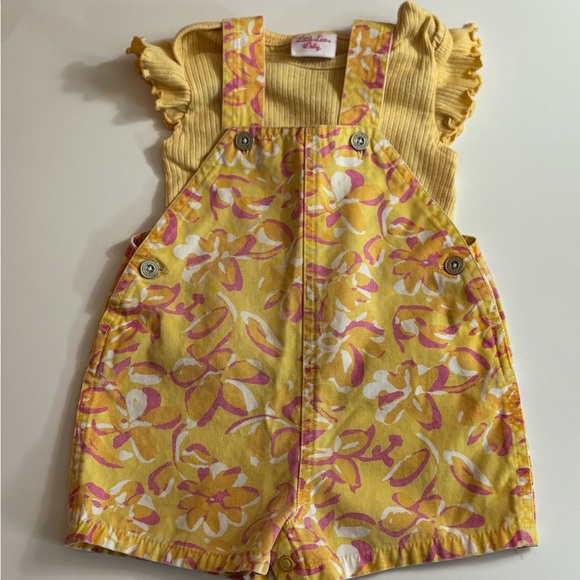 Little Lass Yellow and Pink Floral Overalls - Picture 1 of 3